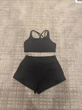 Athleta Black Crisscross Strappy Sports Bra and shorts